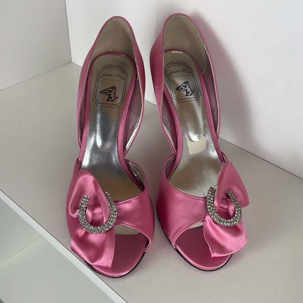 Pink Satin Open-Toe Heels with Crystal Buckle Accent
